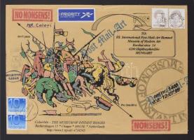 Colori, Mr. Colori (Toon Joosen, 1947), Dutch artist: No nonsens (mail art mű). Nyomat, bélyeg, kollázs, papír, jelzett. Joseph Kadarnak (1936-2019) küldve, gyűjteményi pecsétjével (Collection Kadar). Lap tetején apró szakadással. Kartonra kasírozva. 16x23 cm