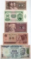 5db-os vegyes külföldi bankjegy tétel, benne India, Kína és Mongólia T:UNC-VG, egyiken tűlyukak 5pcs mixed foreign banknotes, including India, China and Mongolia C:UNC-VG, one with pinholes