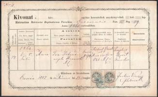 1882-1885 Orsova, 2 db anyakönyvi kivonat, Farkas Vincze plébános aláírásával, 2x25kr, ill. 50kr okm...