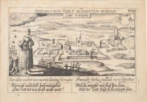 XVII. század Meisner, Daniel (1585-1625): Szigetvár látképe egy közmondás illusztrációjának hátterében, "Superbla non videt sequentem mortem", jobb felső sarkánál "H69". Rézmetszet, papír, üvegezett fa keretben, paszpartuban, 9,5x14,5 cm, keret: 19x25 cm