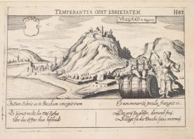 cca 1678 Meisner, Daniel (1585-1625): Visegrád látképe egy közmondás illusztrációjának hátterében, "Temperantia odit Ebrietatem. Vicegrád in Ungarn", jobb felső sarkánál "H83". Rézmetszet, papír, üvegezett fa keretben, paszpartuban, 10x14,5 cm, keret: 19x25 cm