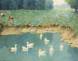 Oldal István (1828-1916): Ebédszünet, 1906. Olaj, karton. Jelezve jobbra lent. 32,5x44,5 cm. Dekorat...