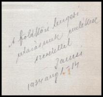 1934 Fürdőruhás hölgy hajó fedélzetén, kartonra kasírozott fotó, a kartonon dedikációval (,,A Földkö...