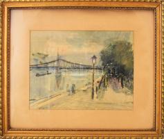 Szentiványi Lajos (1909-1973): Budapesti Dunapart, 1954. Akvarell, papír. Jelzett. 32x42 cm. Üvegeze...