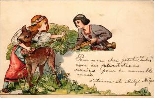 1900 Fairy tale scene with girl, deer and hunter art postcard. Art Nouveau, litho (gyűrődés / crease)