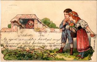 1900 Fairy tale scene with children and witch (Hansel and Gretel?) art postcard. Art Nouveau, litho (vágott / cut)