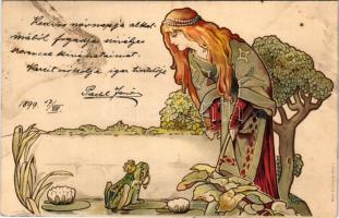 1899 (Vorläufer) Fairy tale scene with princess and a frog king art postcard. Back &amp; Schmitt (Wien). Art Nouveau, litho (szakadások / tears)