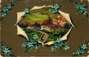 1908 Herzlichen Glückwunsch zum Namenstag / Nameday greeting card. EAS floral, litho (gyűrődések / creases)