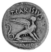 Római Köztársaság Kr.e. 46. Denarius Ag (3,64g) T:VF Roman Republic 46 BC Denarius Ag "T. CARISIVS - III. VIR" Head of Sibyl right, hair wrapped in jeweled sphendone and tied with bands / sphinx seated right, wings spread (3,64g) T:VF
