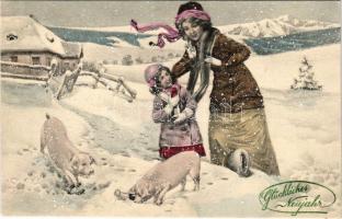 1914 Glückliches Neujahr / New Year greeting art postcard with pigs, horseshoe in "snowfall". V.K. Vienne Nr. 5253.