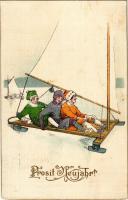 Prosit Neujahr! / Ice boating, ice yachting, winter sport art postcard with New Year greeting. SB Special 5222. litho (fl)