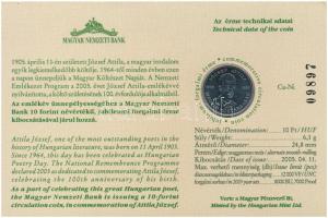 2005. 10Ft Cu-Ni "József Attila" sorszámozott emléklapon, "09897" sorszámmal T:U...