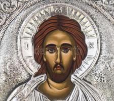 Pantokrátor Jézus. Modern ikon, ezüst (Ag) jelzett okláddal, 19x15 cm