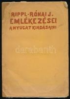 Rippl-Rónai József emlékezései. Bp., 1911, Nyugat, 159 p.+11 (reprodukciók) t.+ 2 (hasonmás) t.+10 tusrajz lapszámozáson belül. Első kiadás. Kiadói papírkötés, restaurált, foltos, és részben pótolt borítóval, néhány felvágatlan lappal, néhány lap szélén a felvágásból adódó apró sérülésekkel. Számozatlan példány.