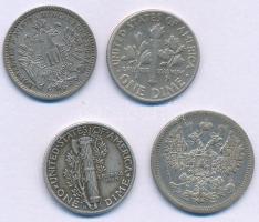 4db klf Ag érme, közte Ausztria 1872. 10kr Ag "Ferenc József" + Amerikai Egyesült Államok ...