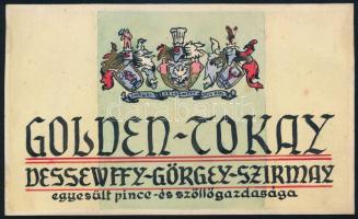 cca 1930 Golden-Tokay Dessewffy-Görgey-Szirmay egyesült pince- és szöllőgazdasága (Tolcsva-Tállya) tokaji borvidéki társaság italosüveg címkéjének tervezete, kézi rajz, akvarell-tus, 8×13 cm