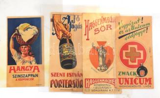 4 db számolócédula: Szent István porter sör, Zwack Unicum (hátoldalán 1948-as bélyegzéssel), Hangya szinszappan, Haggenmacher sör