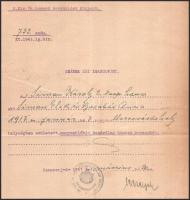 1943 Szamosújvár (Gherla), Erdély, származási igazolvány marosvásárhelyi születésű Simon Károly t. k...