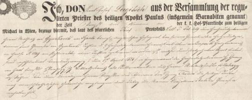 1846 Bécs, a Szent Pál Apostolról nevezett Barnabiták oklevele Eszterházy gróf említésével