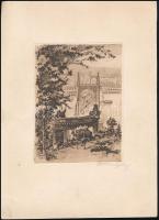 Kron Béla (1884-1965): Budapest, Erzsébet híd. Rézkarc, papír, jelzett, 16x12 cm