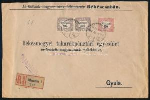 1922 Ajánlott levél Békéscsabáról 3 db Hivatalos bélyeggel Gyulára. A bélyegzésben fordított "2"-es az évszámban! Hátoldalon levélzáró