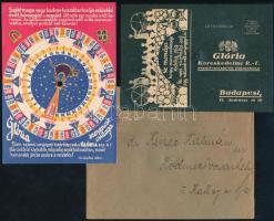 1932 Glória osztálysorsjáték szerencseszám-korongos reklámlap + levelezőlap + boríték