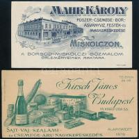 2 db számolócédula: Mahr Károly fűszer-, csemege-, bor-, ásványvíz, festék- és magkereskedése, Miskolc + Kirsch Tamás sajt-, vaj-, szalámi- és csemege-áru nagykereskedés, Budapest