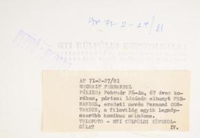 1971 Meghalt Fernandel francia színész, MTI sajtófotó, hátoldalon feliratozva, 18,5×14 cm