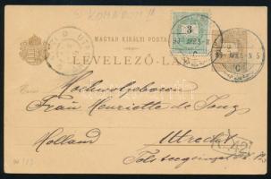 1899 2kr díjjegyes képes levelezőlap 3kr díjkiegészítéssel "KOMÁROM" - "UTRECHT"