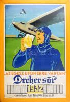 1932 "Egész úton erre vártam" Dreher sör plakát és falinaptár, Amrein Ferenc József, Rákospalota, Kinizsy u. 42, kiadja: Frick József, jelzett (B), javított, lap széle kissé foltos, plexiüvegezett fakeretben, 94×63 cm. KIZÁRÓLAG SZEMÉLYES ÁTVÉTEL, NEM POSTÁZZUK! / ONLY PERSONAL COLLECTION AT OUR OFFICE!