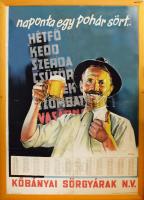1950 "Naponta egy pohár sör. Kőbányai Sörgyárak N. V. , plakát és falinaptár, E Kiss jelzéssel, ofszet, papír, Offset-Nyomda N. V. Bp., javított, hajtásnyomokkal, apró sérülésekkel, plexiüvegezett fakeretben, 119×83 cm. KIZÁRÓLAG SZEMÉLYES ÁTVÉTEL, NEM POSTÁZZUK! / ONLY PERSONAL COLLECTION AT OUR OFFICE!
