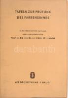 Velhagen, Karl: Tafeln zur Prüfung des Farbensinnes. Leipzig, 1974, VEB Georg Thieme, 13 p.+ 15 (színlátás tesztelésére szolgáló színes táblák) t. Német nyelven. Kiadói nyl-borítóban, egy tábla hiánnyal, kissé büdös.