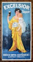 Excelsior tápsör, Dreher Antal Serfőzdéi R. T., Budapest-Kőbánya, hatalmas méretű szecessziós reklámplakát, Tolnay Ákos (1861-1932) festőművész jelzett alkotása, 1910-15 körül, litográfia, papír, Bruchsteiner és Fia Bp., javított, hajtásnyomokkal, gyűrődésekkel, plexiüvegezett fakeretben, 181x82 cm. Rendkívül ritka, becses gyűjtői darab, plakátgyűjtők vágya! KIZÁRÓLAG SZEMÉLYES ÁTVÉTEL, NEM POSTÁZZUK! / Very rare, huge art nouveau poster, lithograph on paper, 181x82 cm, framed. ONLY PERSONAL COLLECTION AT OUR OFFICE!