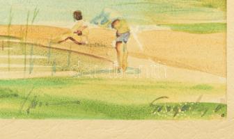 Szegedy jelzéssel: Balaton vitorlásokkal és fürdőzőkkel. Akvarell, papír, paszpartuban, 22×32 cm