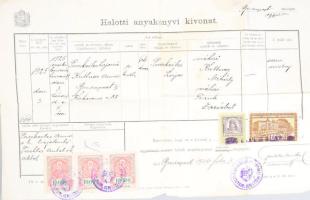 1926 Bp., halotti anyakönyvi kivonat, 3x10000 Korona okmánybélyeggel valamint további 10000 Korona és 4000 Korona okmánybélyeggel az inflációs időszakból, kissé sérült és kissé foltos