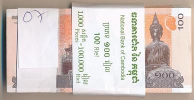 Kambodzsa 2014. 100R (100x) sorszámkövetők, eredeti szakadt banki kötegelővel T:UNC,AU Cambodia 2014. 100 Riels (100x) consecutive serials with original, torn bank wrapper C:UNC,AU Krause P#65