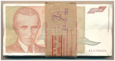 Jugoszlávia 1993. 5000D (100x) eredeti banki kötegelővel T:F Yugoslavia 1993. 5000 Dinara (100x) with original bank currency strap C:F