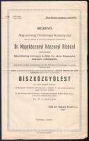 1939 Meghívó Nagykászonyi Kászonyi Richárd Bács-Bodrog vármegye és Baja főispánná való kinevezése alkalmából rendezett díszközgyűlésre, szélén gemkapocs általi kisebb folttal, egészen apró lapszéli szakadásokkal. Nagykászonyi Kászonyi Richárd (1887?1955), korábban Arad-Csanád-Torontál megye főispánja, Hódmezővásárhely törvényhatósági város főispánja, valamint Csonka-Bácsbodrog megye és Baja törvényhatósági főispánja, később Háromszék, majd Győr, Moson és Pozsony vármegye főispánja.