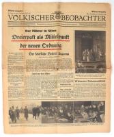 1940 Völkischer Beobachter 1940. nov. 12. Benne korabeli hírekkel, közte: Magyarország csatlakozásával a háromhatalmi egyezményhez, fekete-fehér fotókkal, szakadt, sérült, 6 sztl. lev.