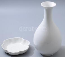 Herendi porcelán váza és tálka, Fehér mázas, jelzés nélkül, hibátlan 25 cm