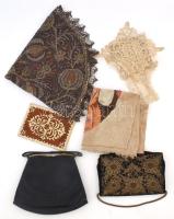 Régi táskák és terítők. Fémszál fűzéses d: 60 cm, régi színházi táskák, hímzések, csipkék