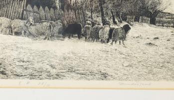 Dudás Jenő (1900-1991): Nyáj. Rézkarc, papír, jelzett. Művészpéldány E.A XV/III számozással. Üvegeze...