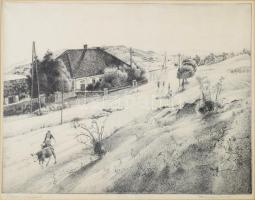 Dudás Jenő (1900-1991): Tihanyi országút. Rézkarc, papír, jelzett. Üvegezett keretben, 29,5x39 cm