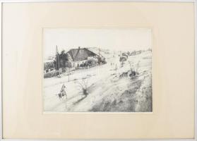 Dudás Jenő (1900-1991): Tihanyi országút. Rézkarc, papír, jelzett. Üvegezett keretben, 29,5x39 cm