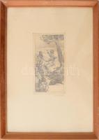 Kovács Tamás (1942-1999): Vadászat (cím nélkül). Rézkarc, papír, jelzett. Üvegezett fakeretben, 20×1...