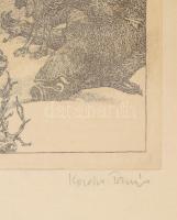 Kovács Tamás (1942-1999): Vadászat (cím nélkül). Rézkarc, papír, jelzett. Üvegezett fakeretben, 20×1...