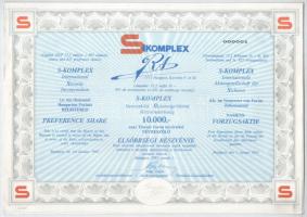 Budapest 1992. "S-Komplex - Nemzetközi Biztonságvédelmi Részvénytársaság" törzsrészvény 10.000Ft értékben szelvényekkel T:AU