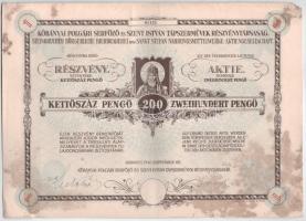 Budapest 1940. "Kőbányai Polgári Serfőző és Szent István Tápszerművek Részvénytársaság" részvénye 200P-ről, magyar és német nyelven, szárazpecséttel T:VF foltok, szakadások / Hungary / Budapest 1940. "Kőbányai Polgári Serfőző és Szent István Tápszerművek Részvénytársaság" share about 200 Pengő, Hungarian-German bilingual, with embossed stamp C:VF spotted, tears