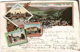 1897 (Vorläufer) Trencsénteplic, Trencianske Teplice; Gyógyterem, szálloda a Hővízhez, Hamam fürdő, déli oldal / Cursalon, Süd-Seite, Hotel Teplicz, Hamam Bad / spa, hotel, bath, general view. Schneider &amp; Lux (Wien). Art Nouveau, floral, litho (vágott / cut)