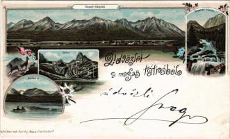 1898 (Vorläufer) Tátra, Magas Tátra, Vysoké Tatry; Központi Kárpátok, Zöld tó, Csorbai tóü, Tarpataki vízesés. Schneidernoch Károly kiadása (Bécs-Floridsdorf) / Carpathian Mountains, lake, waterfall. Art Nouveau, floral, litho (vágott / cut)